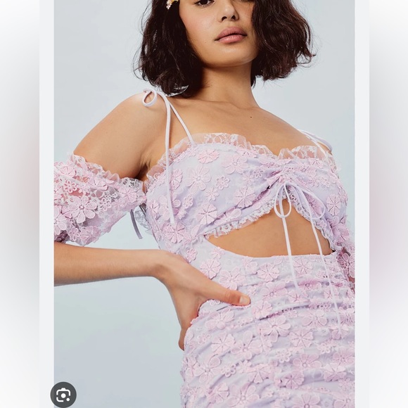 For Love And & Lemons Amalie Floral 3D Lace Cutout Ruched Lilac Mini Dress